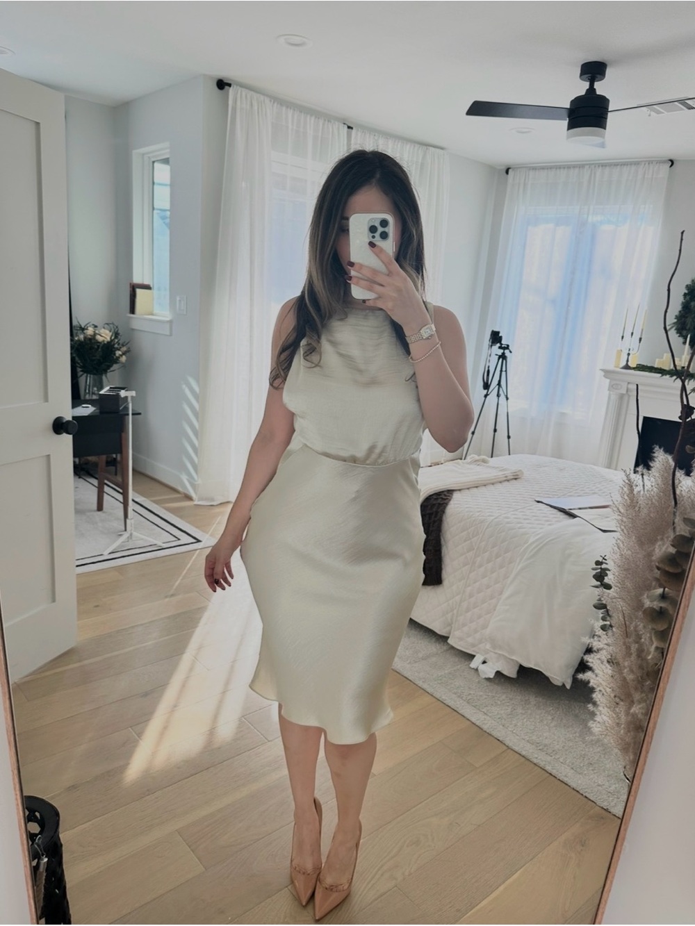 Ivory Satin Midi Dress - Elegant Sleeveless Design, Backless with Crystal Chain